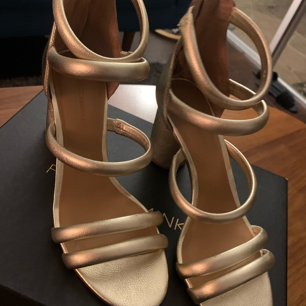 Rebecca Minkoff Strappy Gold Sandal in Size 8.5